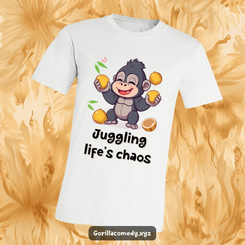 Funny kawaii gorilla giggling while juggling coconuts on a t-shirt, showcasing a delightful and impressive act of humor.