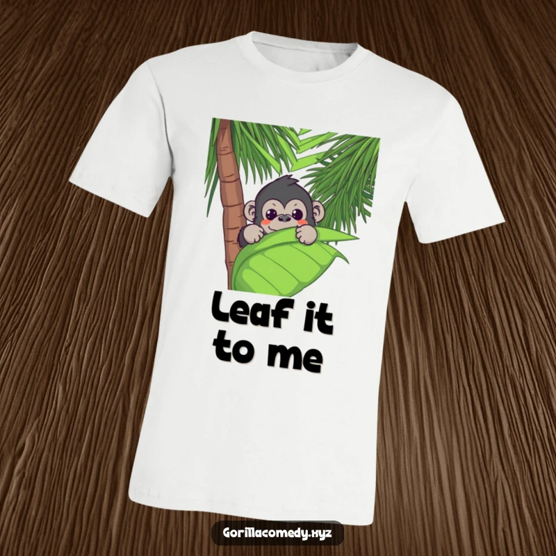 Funny Kawaii gorilla peeking with a playful grin from behind a giant, exotic palm leaf, showcasing jungle mischief.