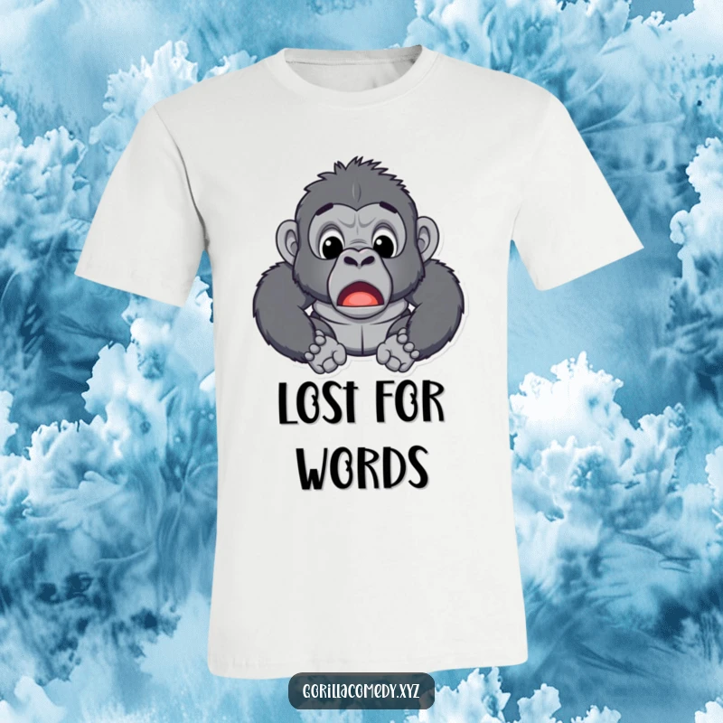 Funny t-shirt design of a gorilla with its jaw dropped in utter surprise and amusement, capturing a hilarious moment.