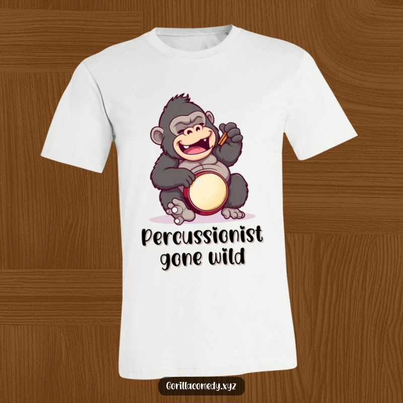 Funny gorilla t-shirt, comically playing a drum solo on its belly, showcasing hilarious clumsiness.