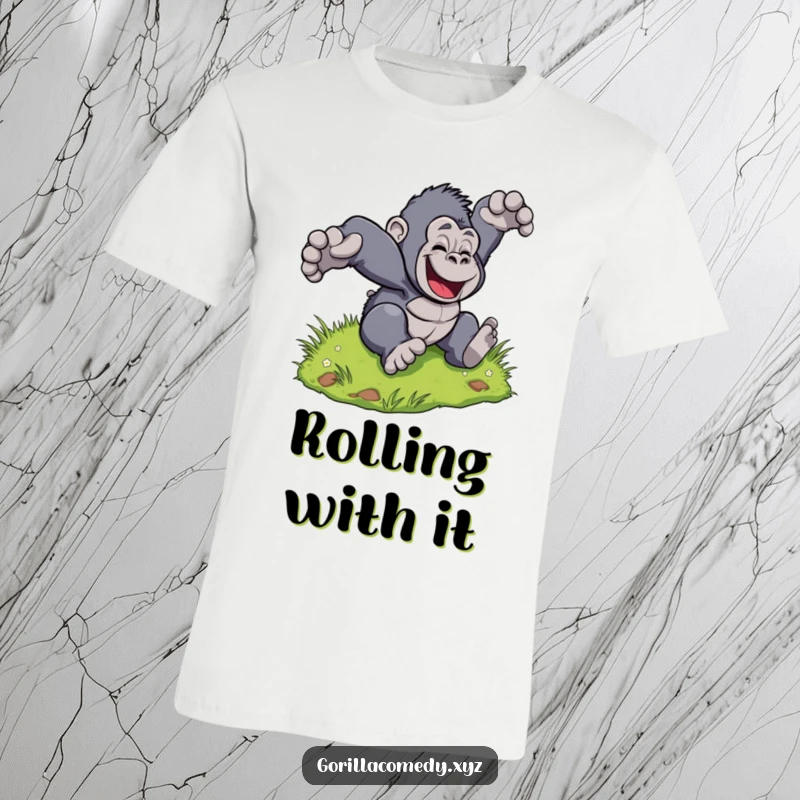 Funny Gorilla Tumble T-Shirt: Stylized gorilla joyfully tumbles down a grassy hill, radiating pure delight. Great funny gift.
