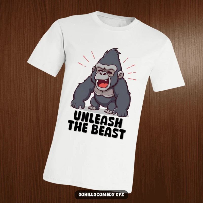Funny t-shirt design shows a gorilla powerfully roaring, with bold sound waves radiating outwards, expressing unrestrained humor.