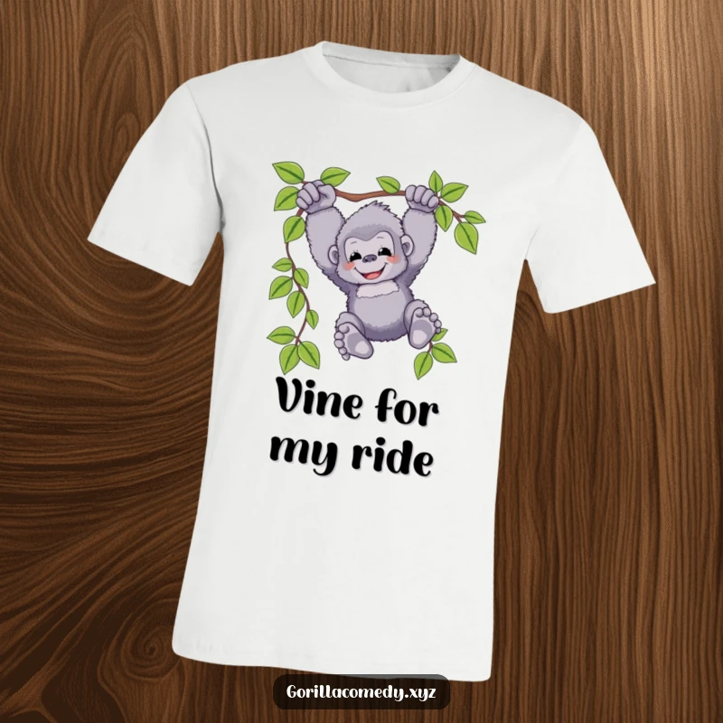 Funny gorilla t-shirt with a fluffy ape character joyfully swinging from a vine, feet dangling, symbolizing freedom and playful escapism.