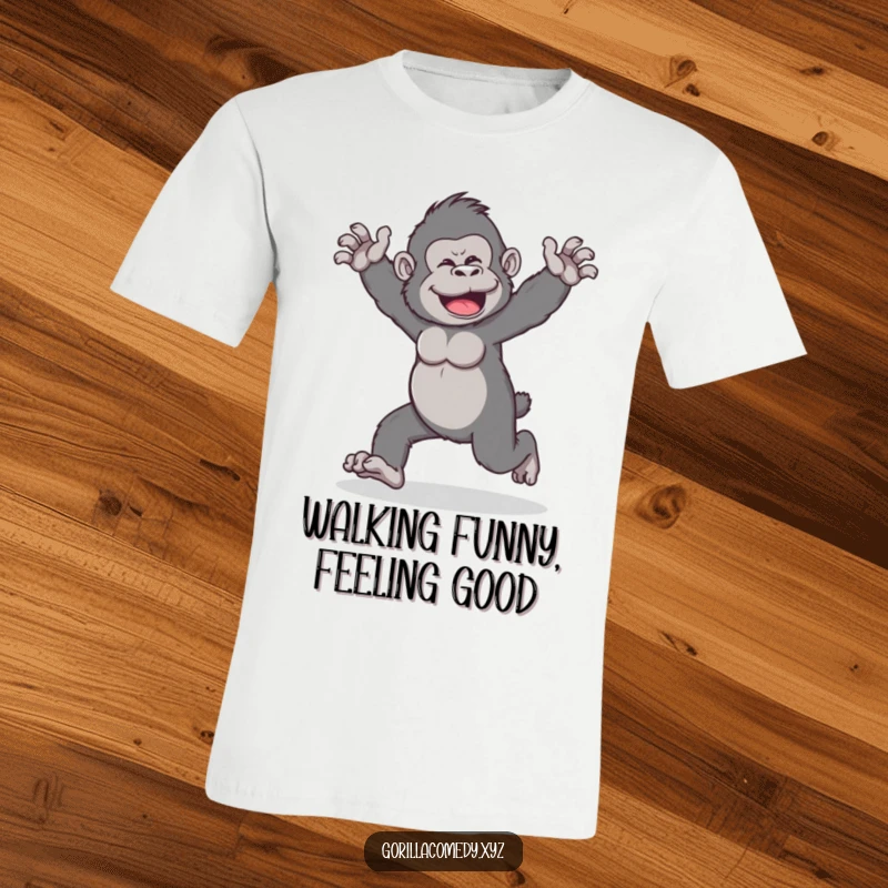 Funny t-shirt showcasing a playful gorilla character doing a wobbly walk with arms outstretched, symbolizing humorous movement.