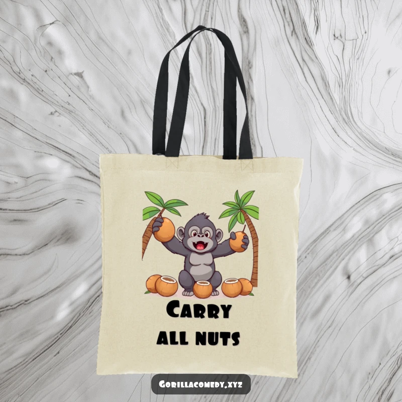 Funny Kawaii gorilla attempting to juggle coconuts on a sturdy tote bag, perfect for carrying groceries with humor.