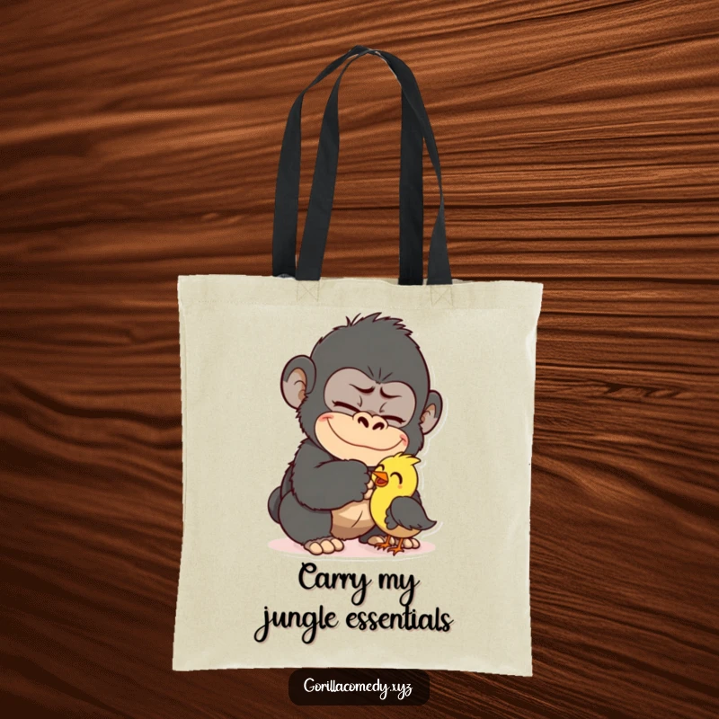 Funny Gorilla Tickling Bird Tote Bag: A mischievous gorilla tickling a small bird, making this tote a charmingly funny accessory. Great gift idea.