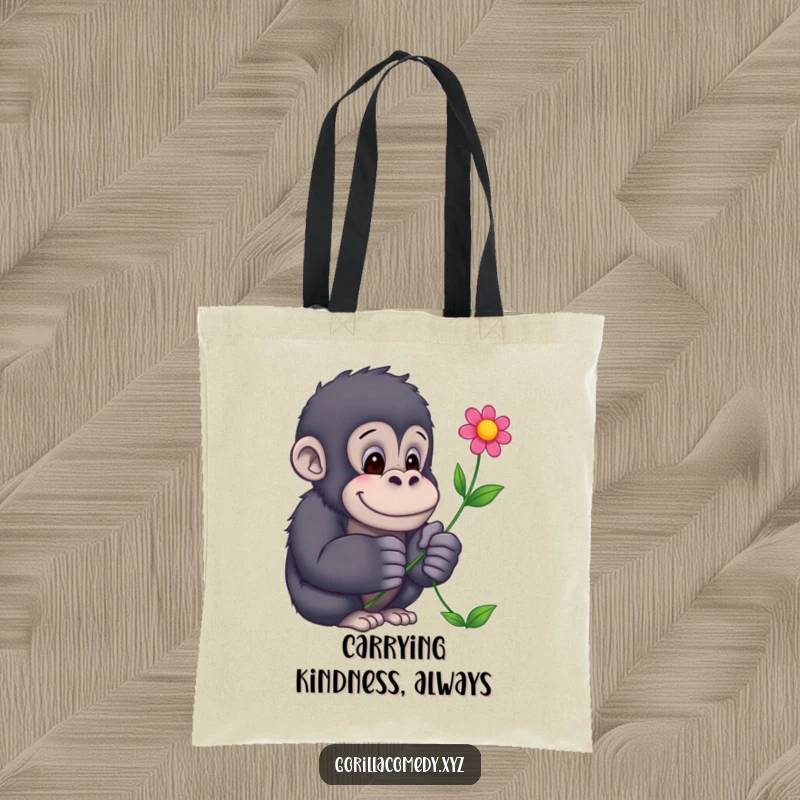 Funny Gorilla Tote Bag: A durable tote featuring a gentle gorilla offering a flower, ideal for carrying items with a smile.