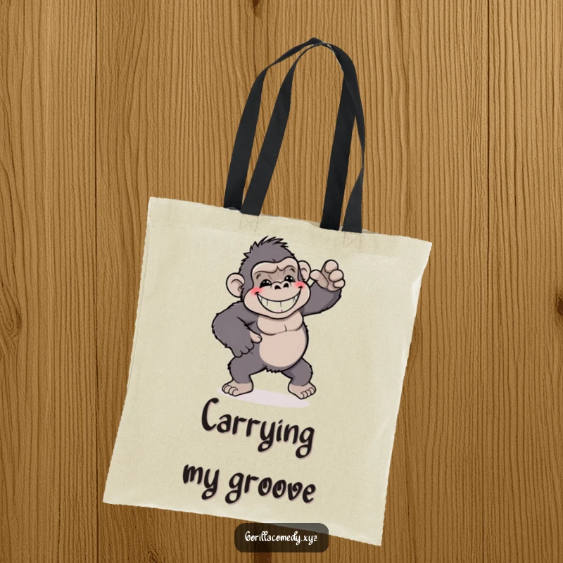 Funny gorilla tote bag, depicting a grinning gorilla performing a playful, silly dance with enthusiasm.