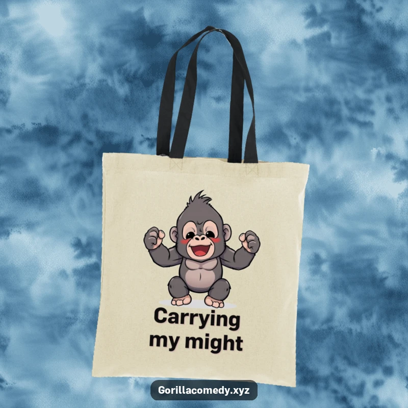 Funny tote bag with a Kawaii gorilla character flexing its tiny biceps, symbolizing cute strength. Ideal for everyday use.