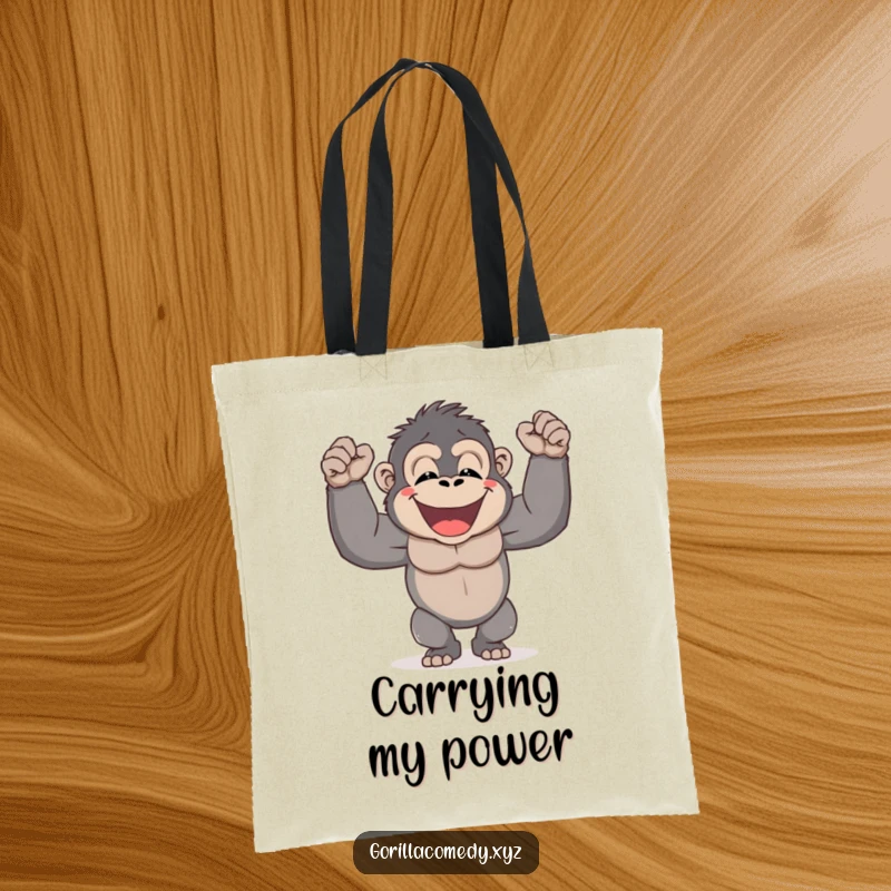 Funny Gorilla Tote Bag featuring a happy gorilla character joyfully pounding its chest, ideal for carrying items with strength and humor.