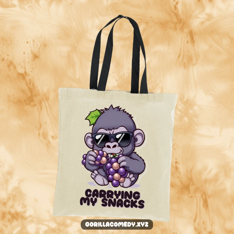 Funny tote bag with a cool gorilla in tiny sunglasses eating grapes, perfect for carrying essentials with effortless style.