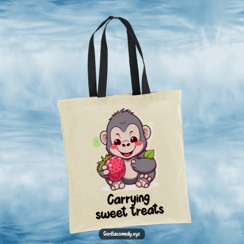 Funny tote bag with a gentle gorilla character smiling warmly, offering a big, juicy berry, symbolizing kindness.