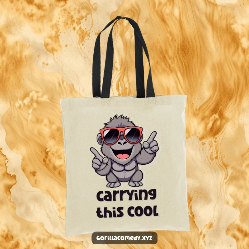 Funny Gorilla Tote Bag: Happy gorilla in oversized sunglasses, snapping fingers while carrying essentials.