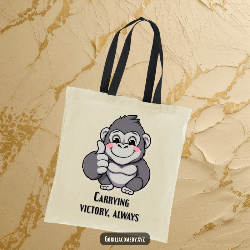 Funny kawaii gorilla character proudly displaying a big thumbs up on a durable tote bag, perfect for shopping and smiles.