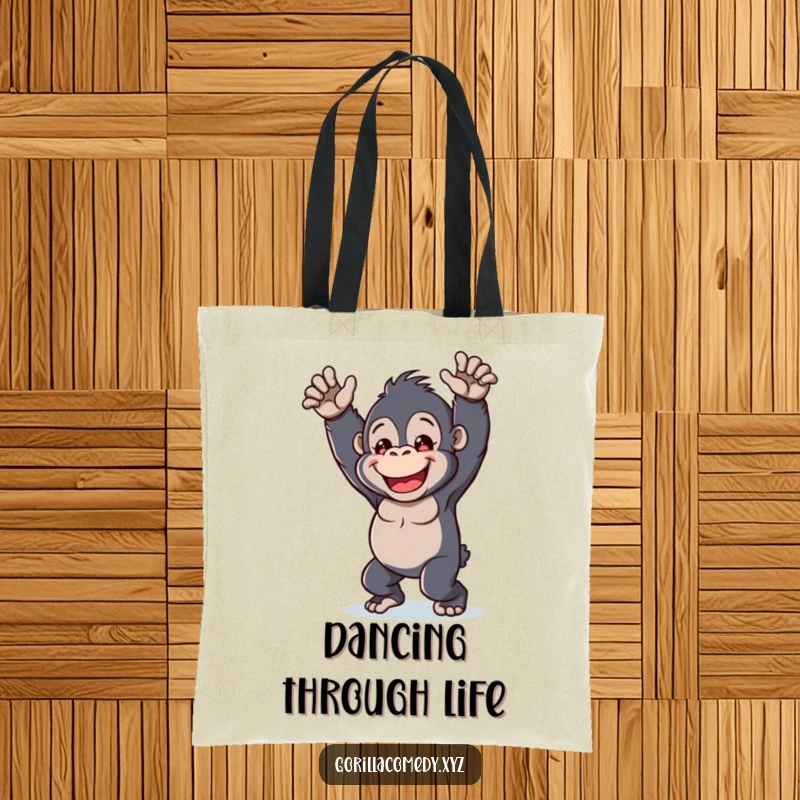 Funny kawaii gorilla tote bag, cheerful character, playful dance move, cute and practical accessory, vibrant graphic.