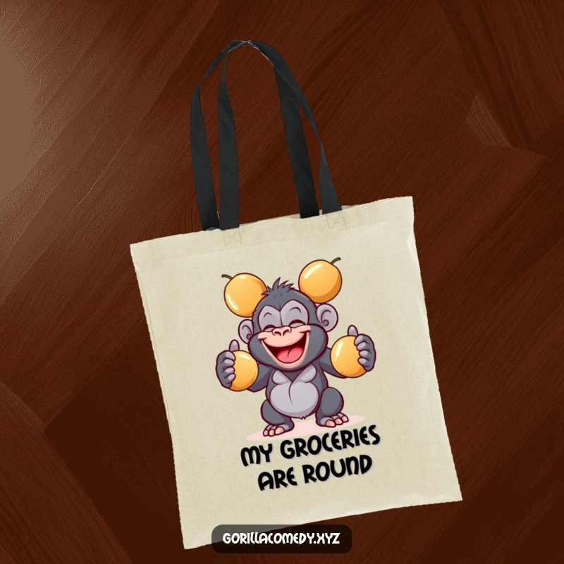Funny giggling gorilla tote bag with a wide grin juggling three shiny coconuts, perfect for carrying essentials with a smile, a fun gift.