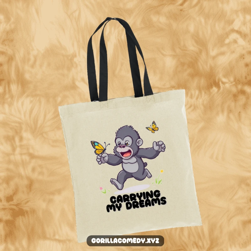 Funny tote bag of a gorilla with wild arms flailing, enthusiastically racing a small butterfly.
