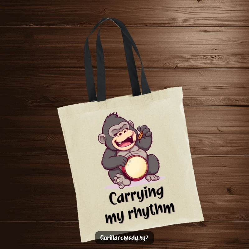 Funny gorilla tote bag, depicting a gorilla comically playing a drum solo on its belly.