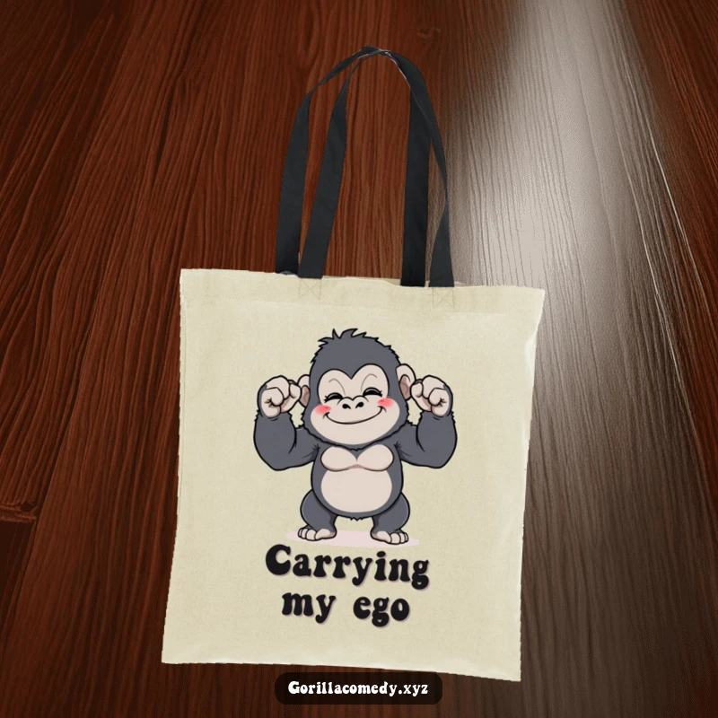 Funny Gorilla Flex Tote Bag: A durable tote with a grinning gorilla comically flexing its tiny biceps, bringing humor to everyday tasks, funny gift.