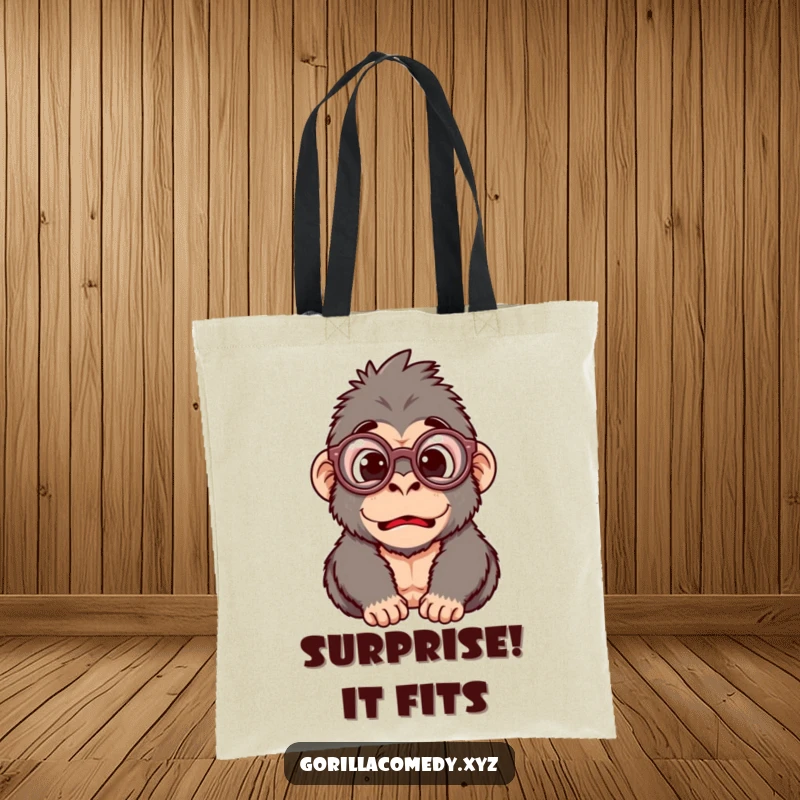 Funny tote bag with a silly gorilla character wearing oversized round glasses, looking comically surprised and bewildered.