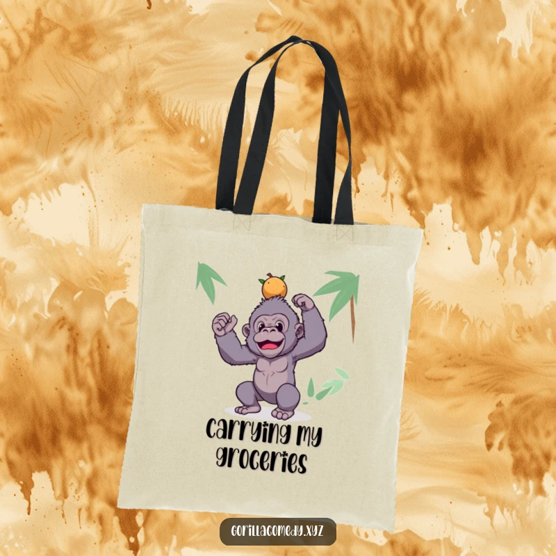 Funny gorilla tote bag with a silly ape balancing coconuts, perfect for shopping and carrying daily items with a tropical twist.
