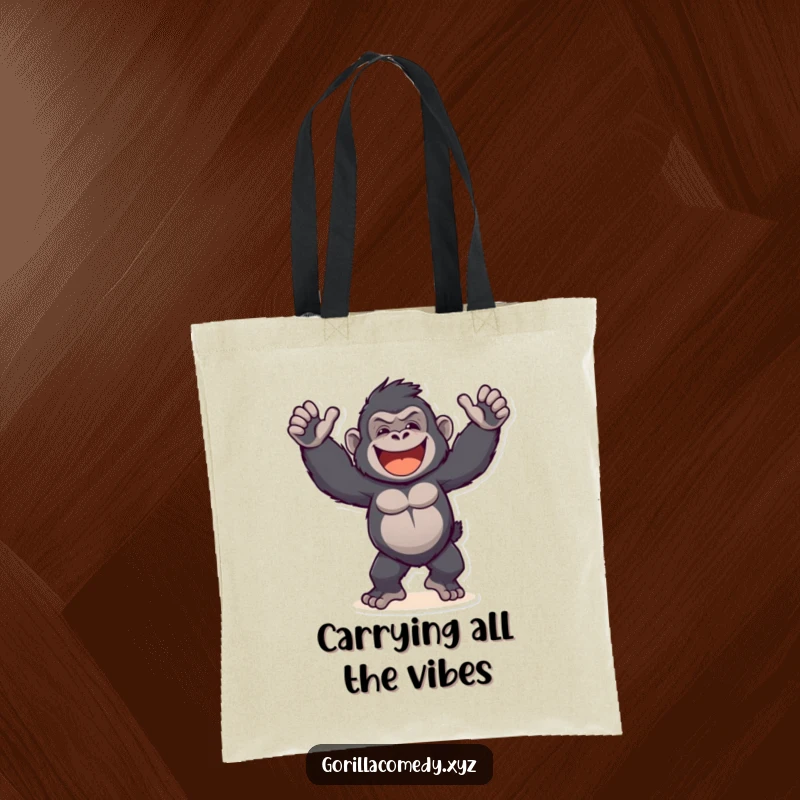 Funny Gorilla Tote Bag: A cheerful, dancing ape with outstretched arms and a wide grin, ready for adventures.