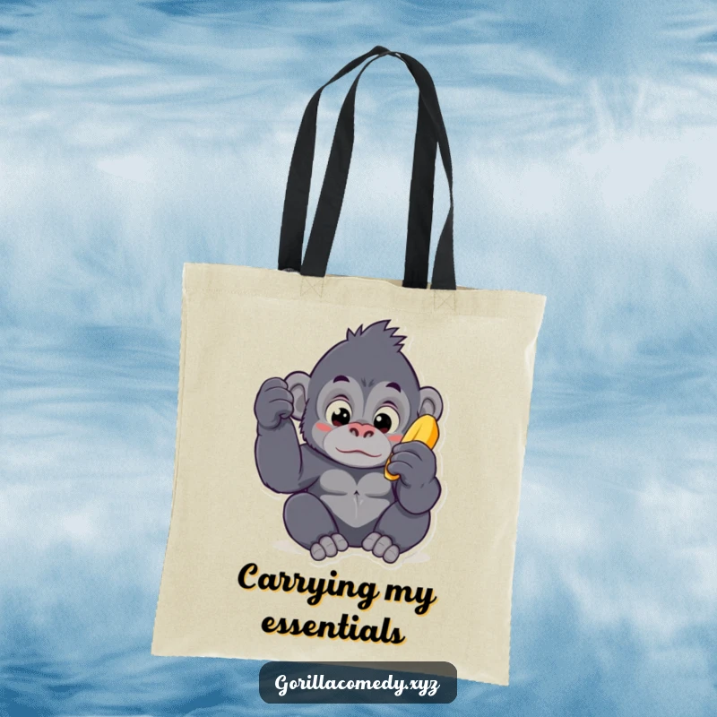 Funny Kawaii gorilla tote bag, depicting a cute ape character curiously examining a banana, designed for stylish and humorous everyday use.