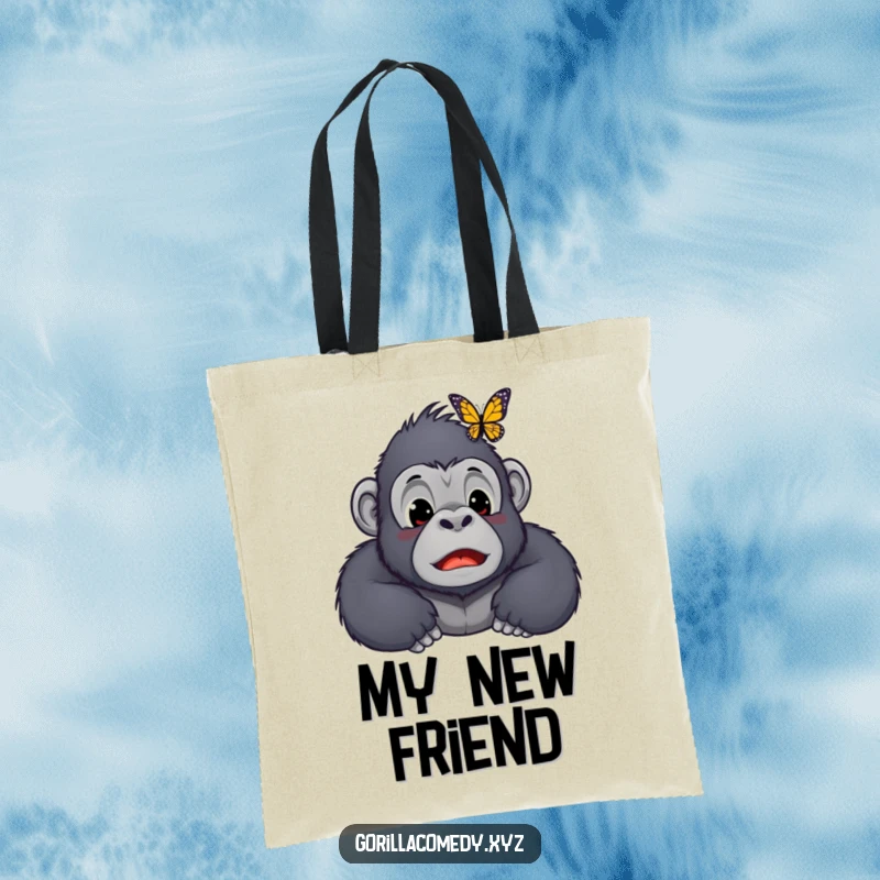 Funny Kawaii gorilla tote bag, illustrating a startled ape character with a butterfly landing on its nose, perfect for stylish, humorous carrying.