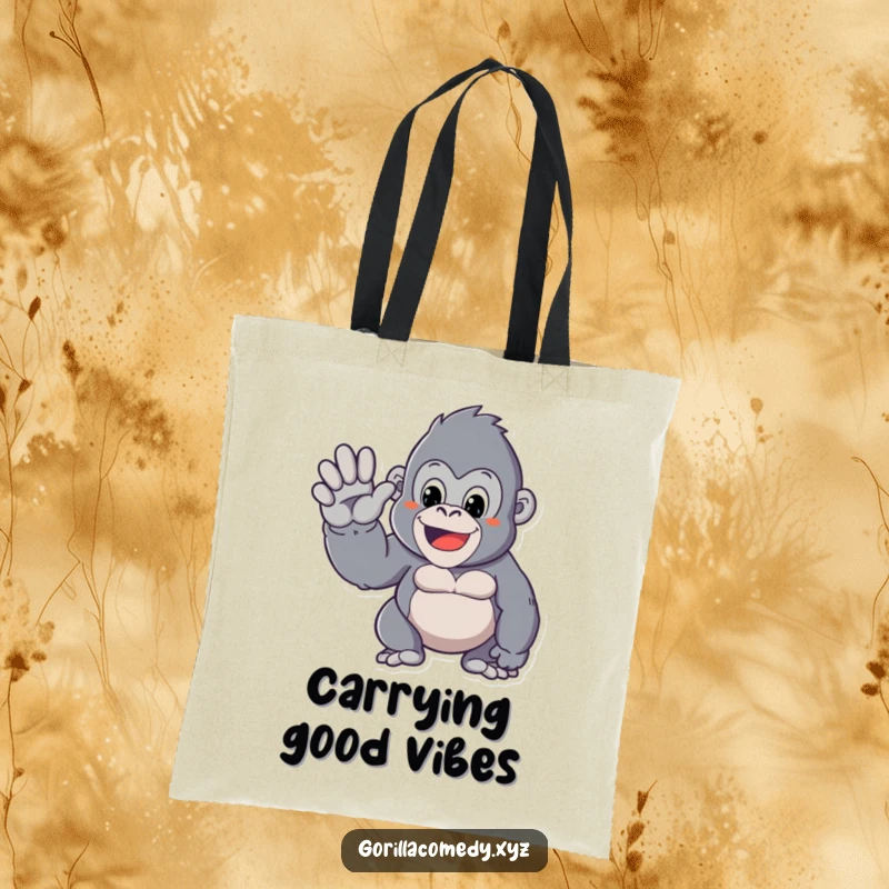 Funny tote bag featuring a Kawaii gorilla character with a large, friendly wave, perfect for carrying essentials with a smile.