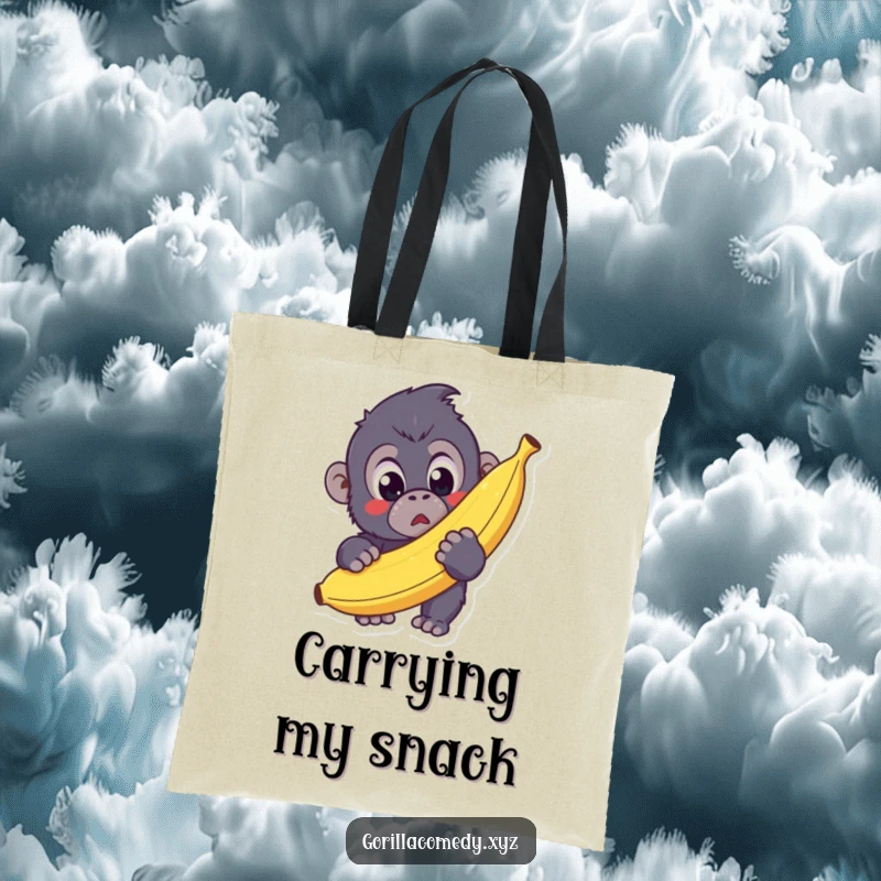 Funny Kawaii Gorilla Tote Bag featuring a surprised gorilla holding a giant banana, ideal for carrying essentials with adorable humor.