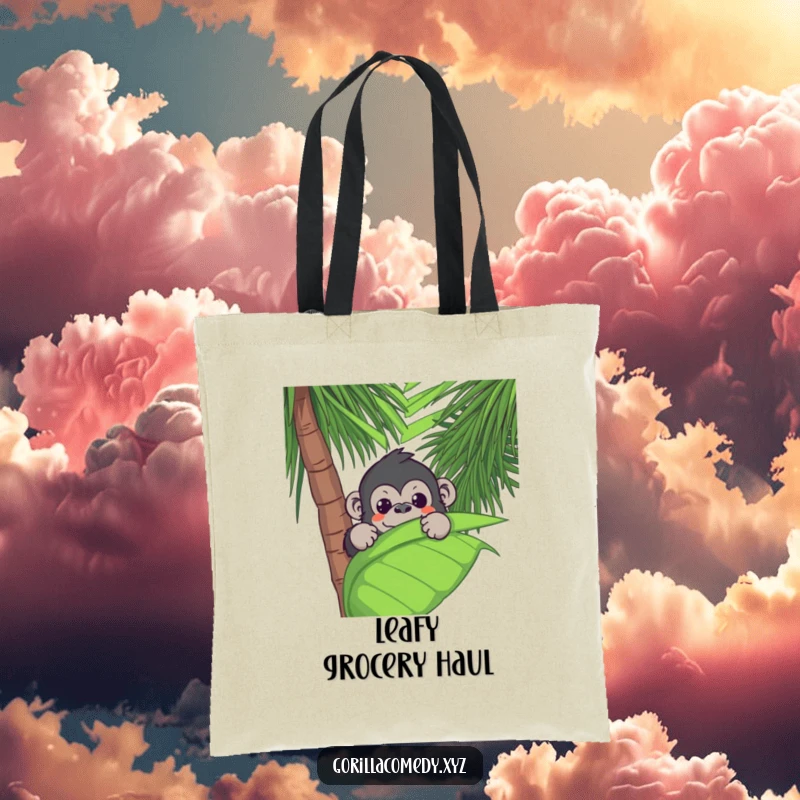 Funny Kawaii gorilla peeking cheekily from behind a lush palm leaf on a durable tote bag, perfect for jungle lovers.