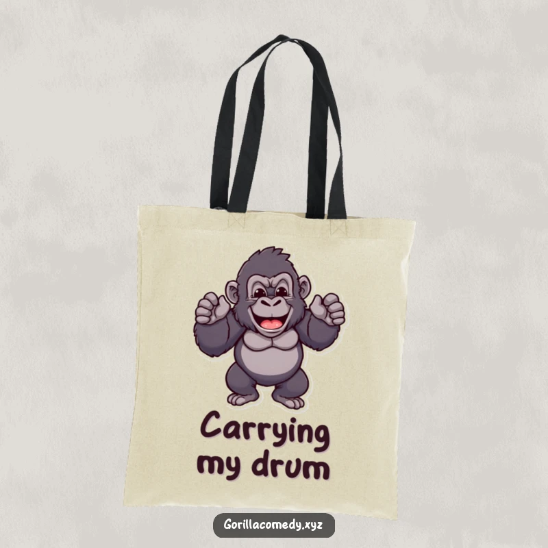 Funny gorilla tote bag with a cheerful ape character beating its chest rhythmically and proudly, great for carrying items with a bold statement.