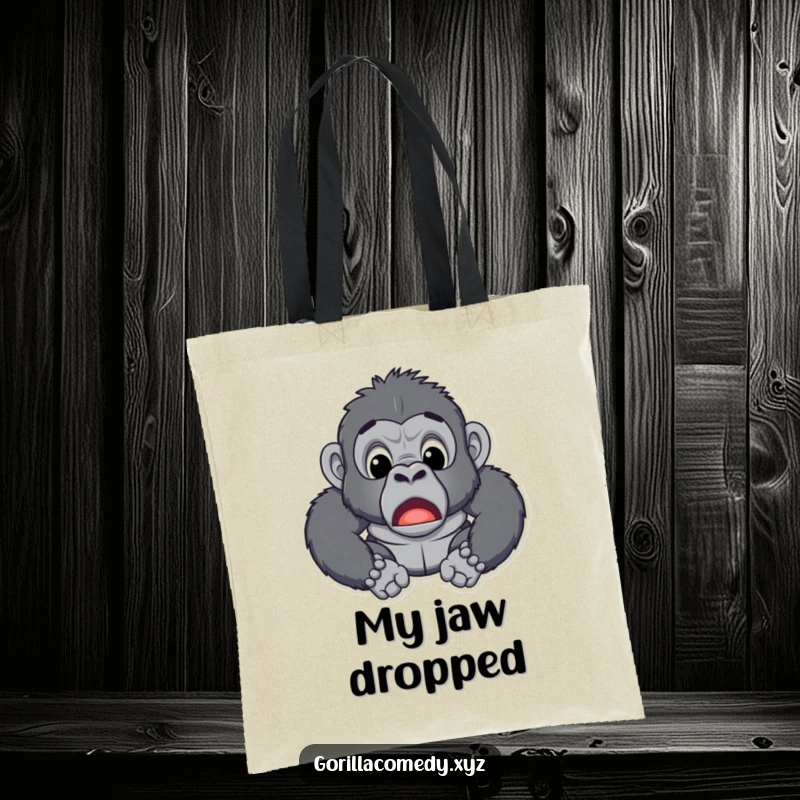 Funny tote bag featuring a surprised gorilla with its mouth open, capturing a moment of extreme amusement.