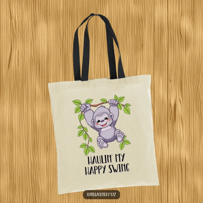 Funny gorilla tote bag with a depiction of a fluffy ape happily swinging from a vine, feet dangling, great for carrying items with humor.