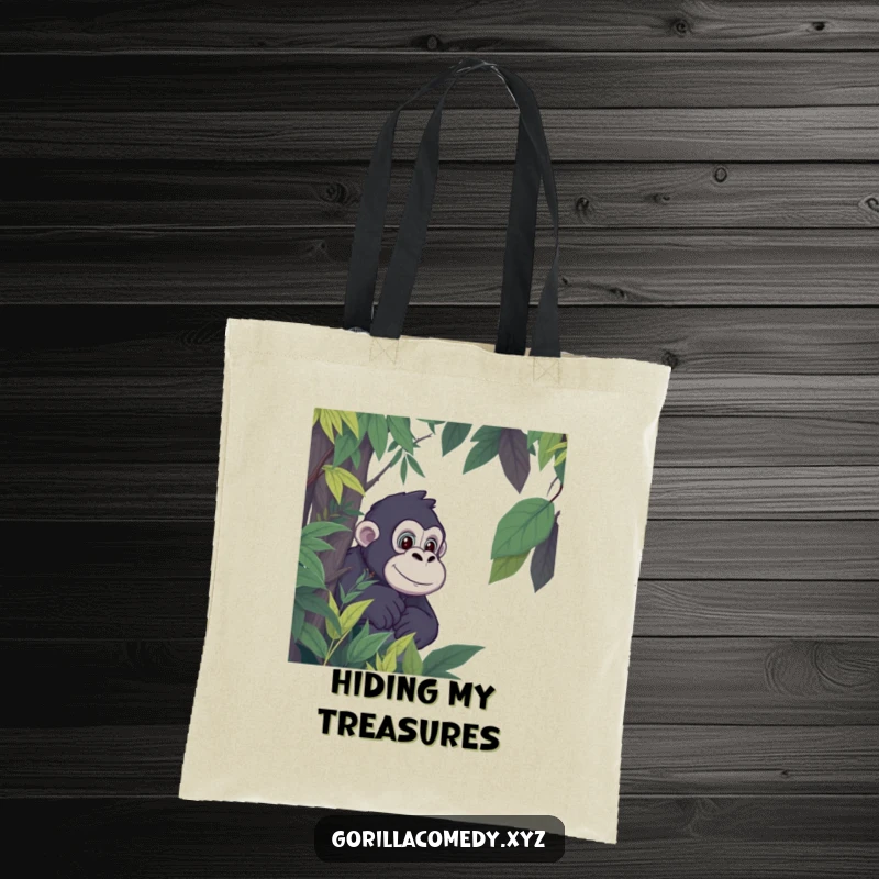 Funny Gorilla Jungle Tote Bag: Cartoon gorilla peeking from dense jungle foliage, full of playful intrigue. Great funny gift.