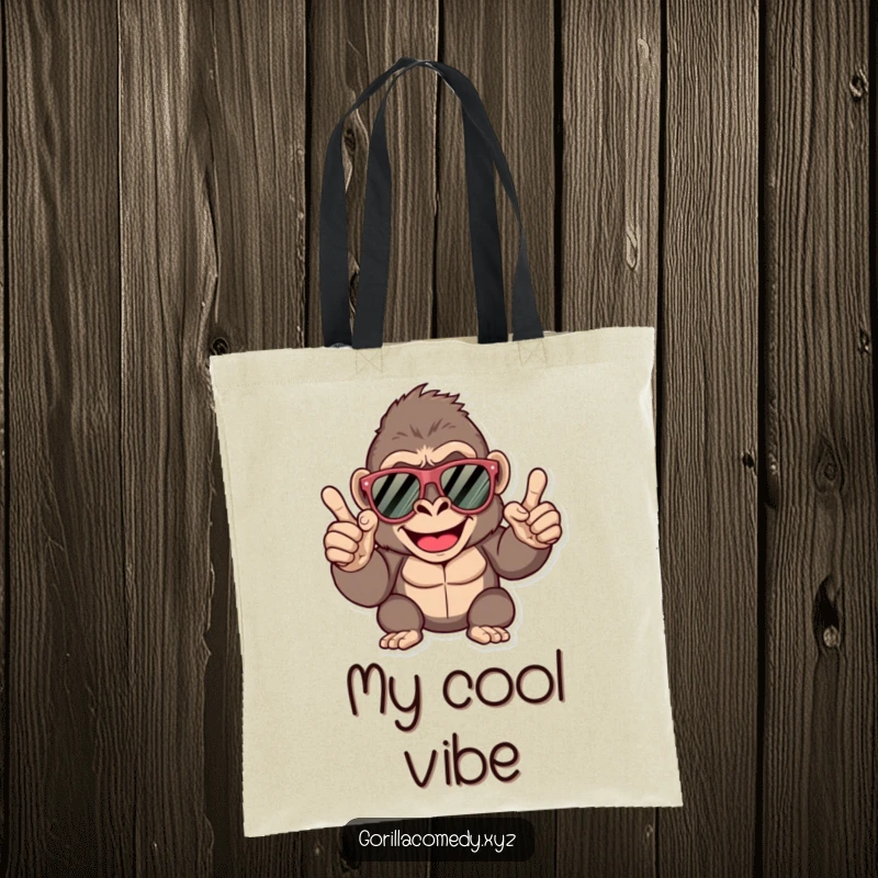 Funny gorilla tote bag, happy character wearing oversized sunglasses, giving a finger snap, stylish and practical.