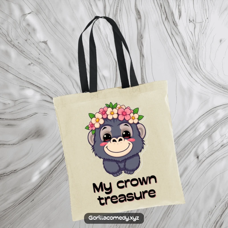 Funny kawaii gorilla tote bag, mischievous grin, wearing a flower crown, cute and practical accessory, playful design.
