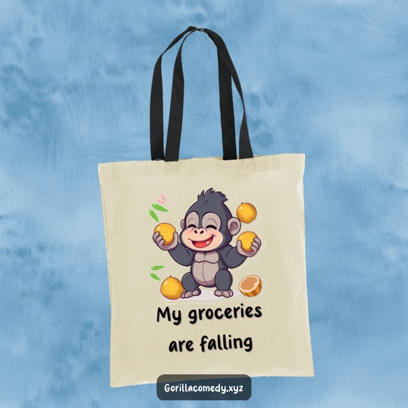 Funny kawaii gorilla giggling while juggling coconuts on a tote bag, perfect for carrying treasures with a tropical flair.