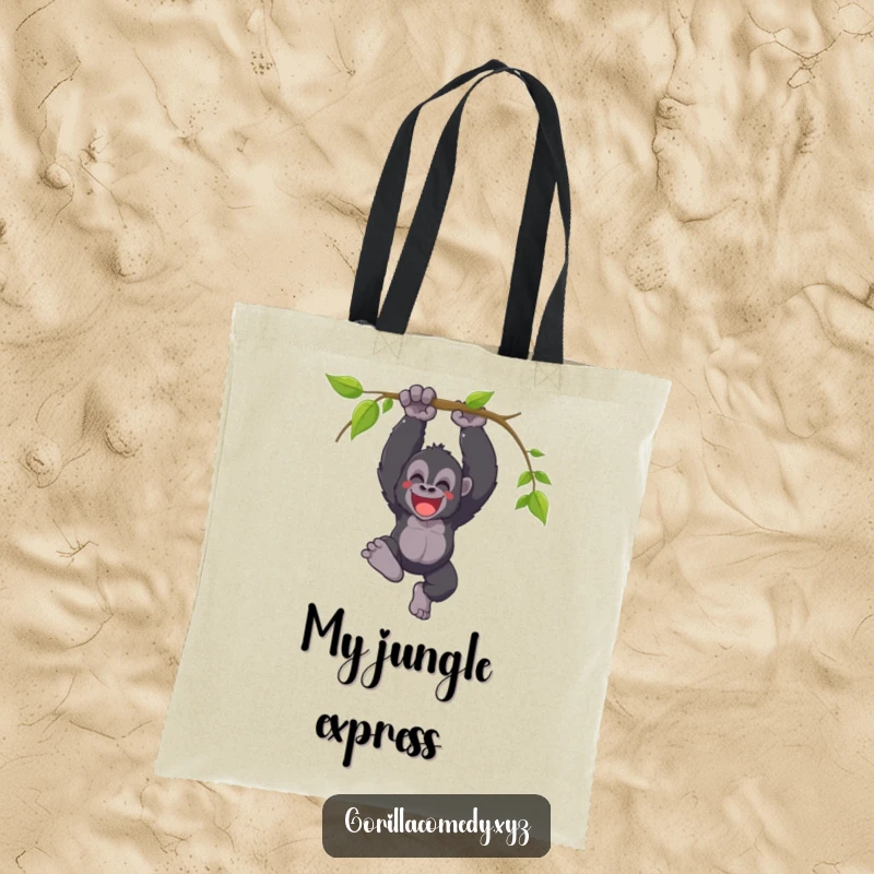Funny tote bag with a joyful gorilla swinging from a vine with a triumphant yell, perfect for carrying essentials with celebratory flair.