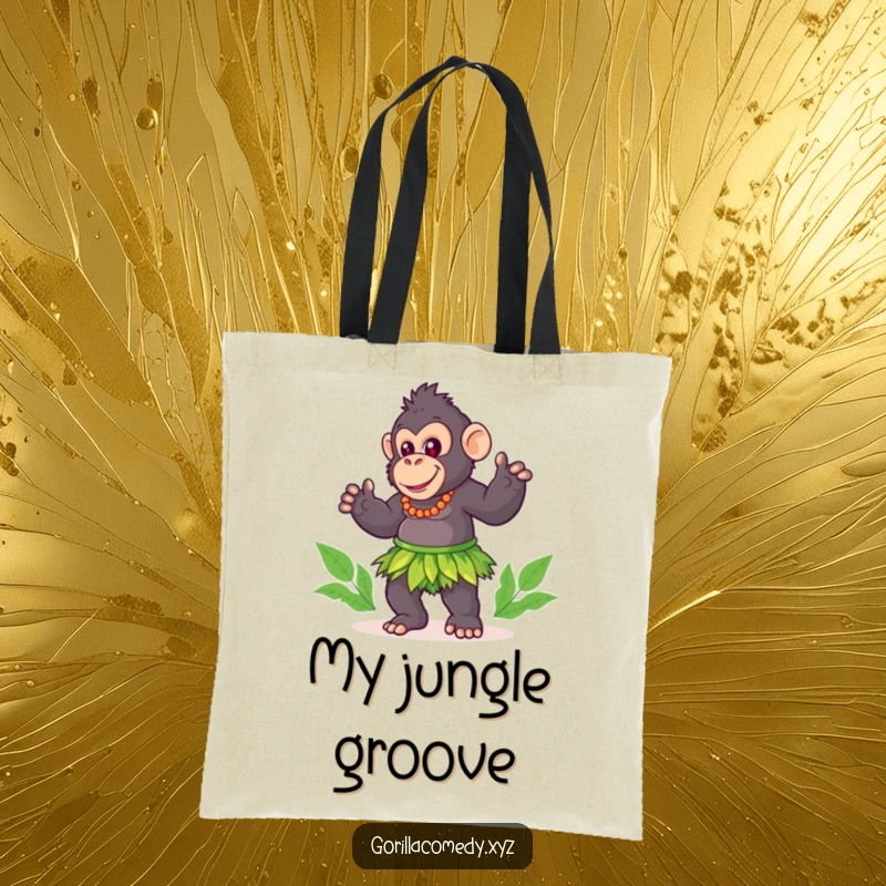 Funny gorilla tote bag, cute character in a grass skirt, happily doing a playful hula dance, great for errands.