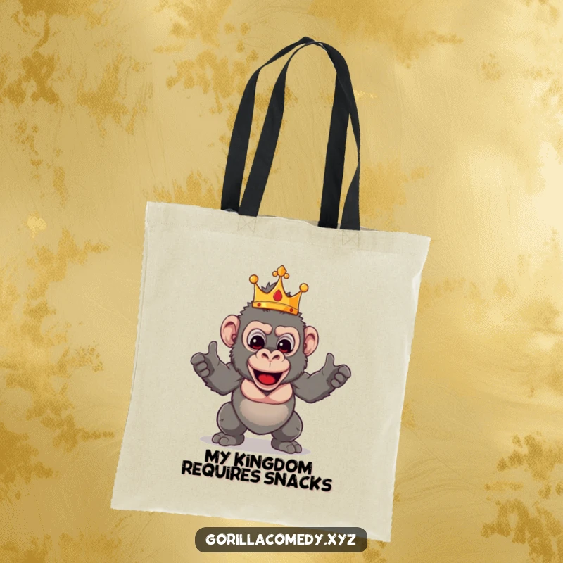 Funny gorilla tote bag featuring a crowned primate striking a theatrical and funny pose, perfect for carrying daily items.