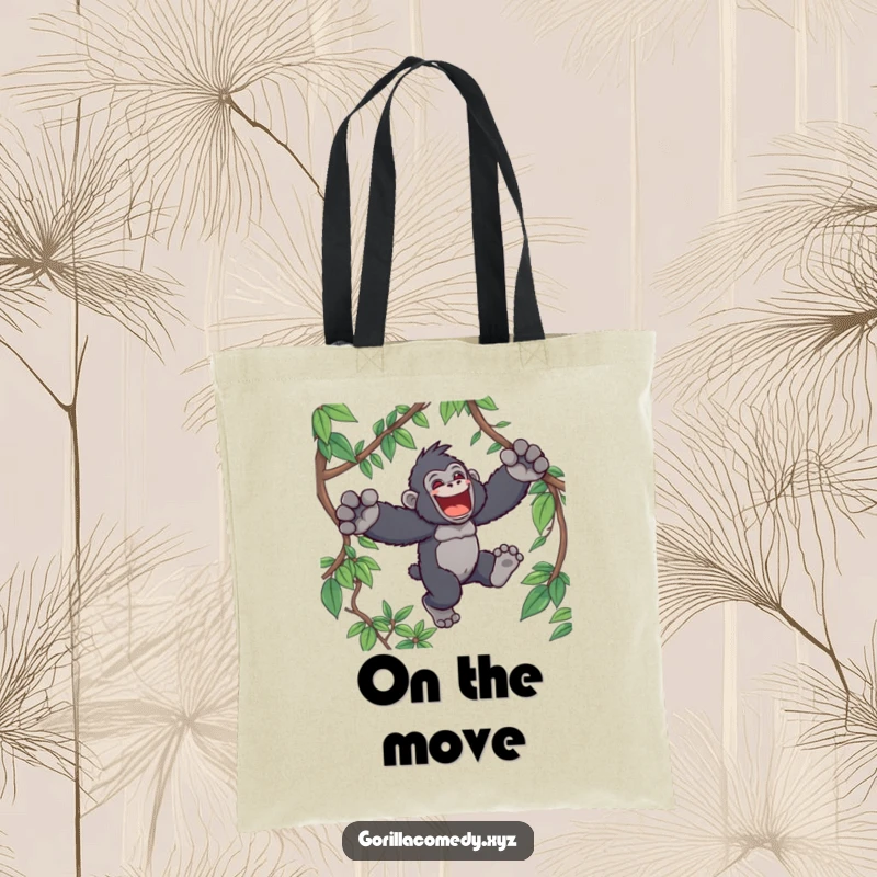 Funny Kawaii gorilla tote bag, illustrating a cute ape gleefully leaping through vibrant jungle vines, perfect for stylish, humorous carrying.